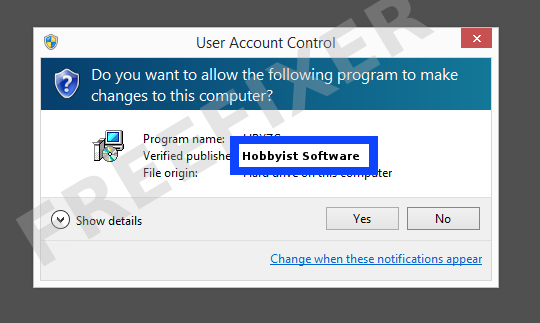 Screenshot where Hobbyist Software appears as the verified publisher in the UAC dialog